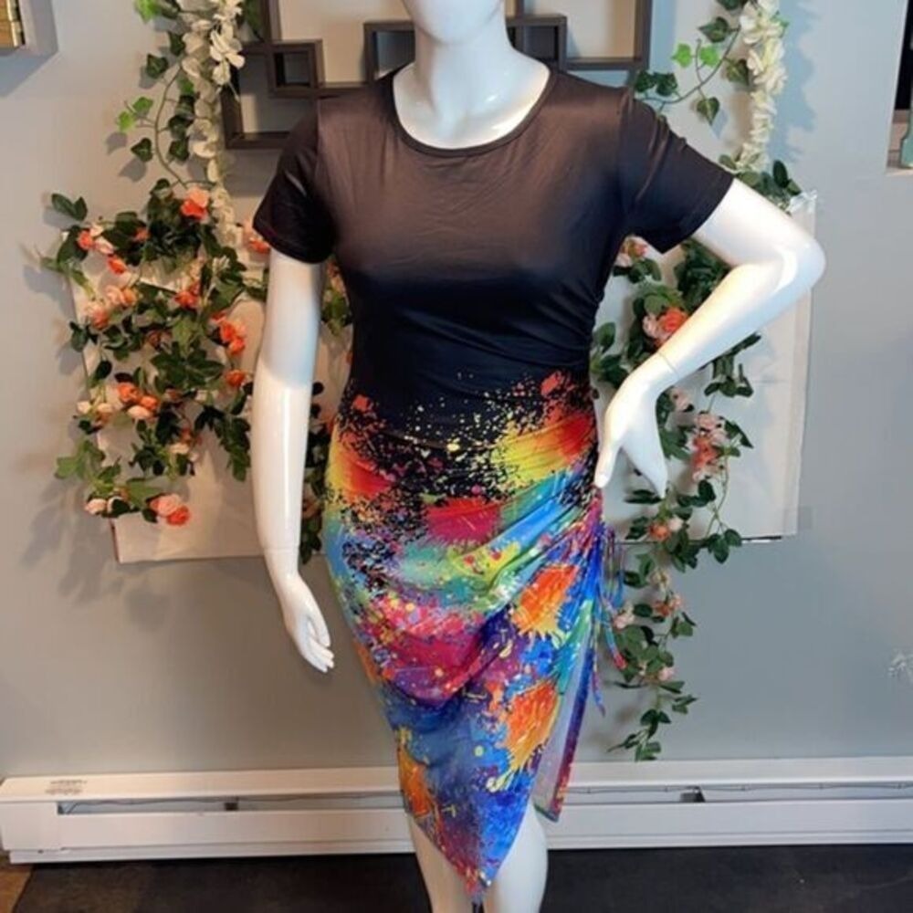 Sexy Bodycon Dress Fashion Tie Dye Print Side Ruched Short Sleeve Sz XL